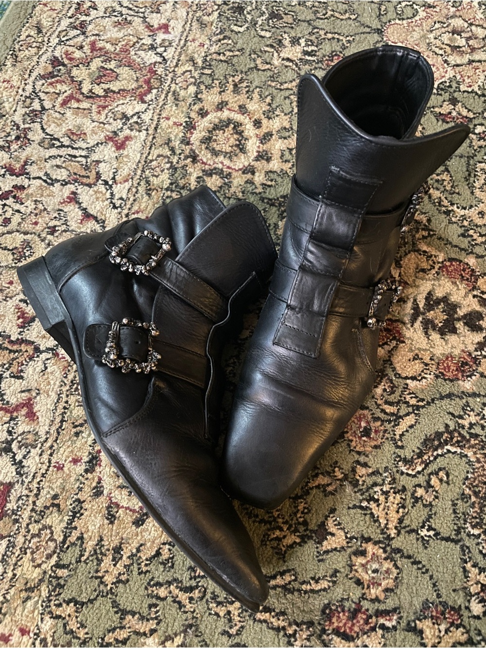 John Fluevog Leather Skull Buckle Square Toe Boots